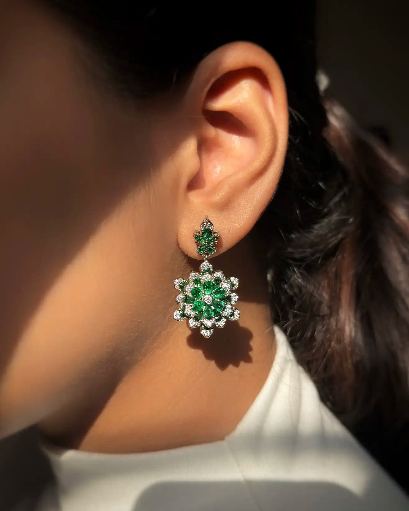 Floral Radiance Drop Earrings in emerald, sapphire, and ruby