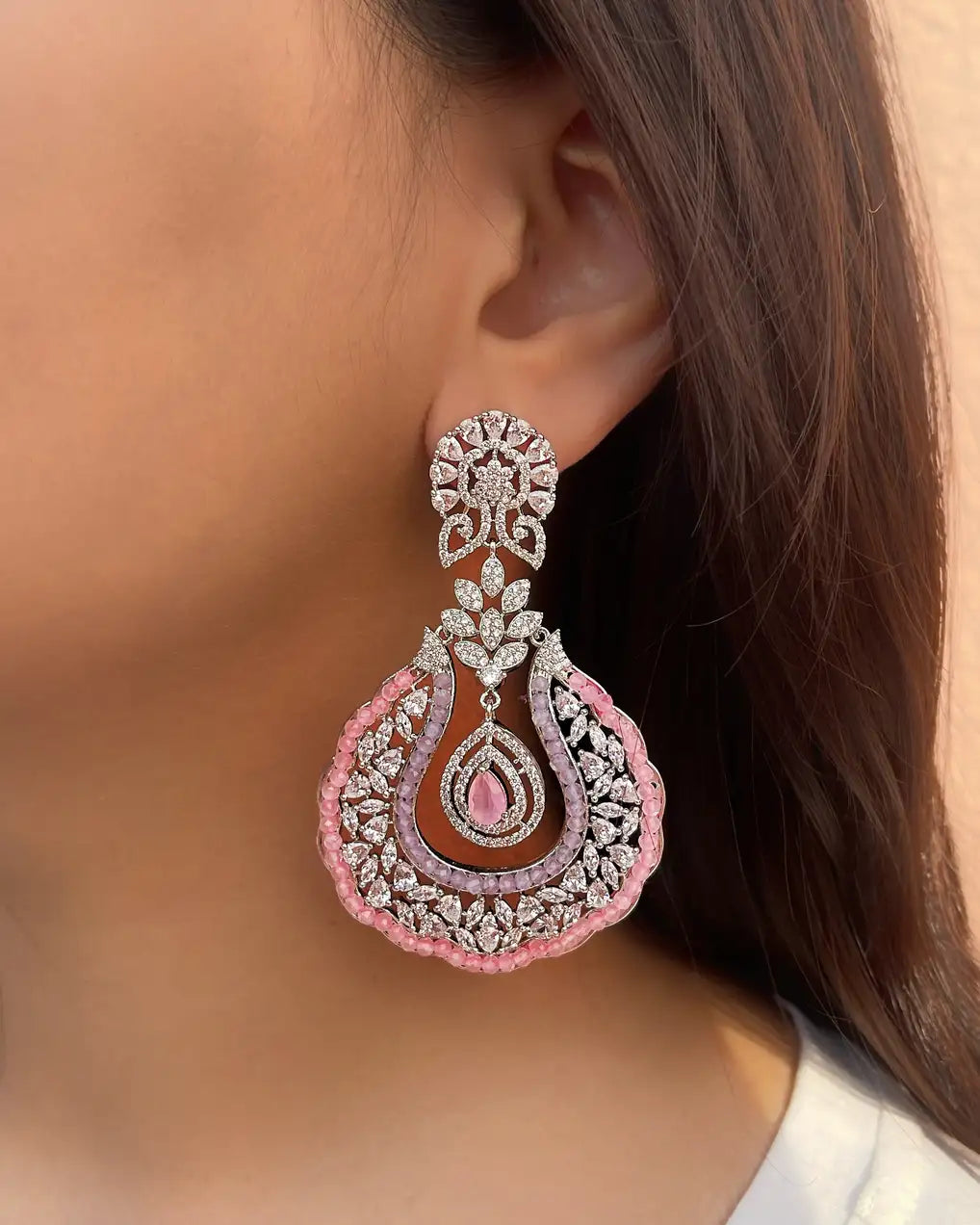 Ethereal Glow – Zircon & Baby Pink Statement Chand balis