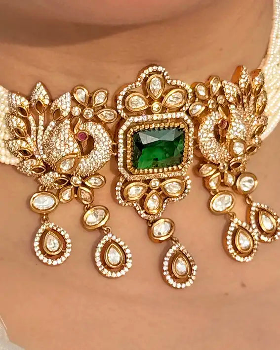 Imperial peacock Pearl, Moissanite & Emerald Peacock Choker