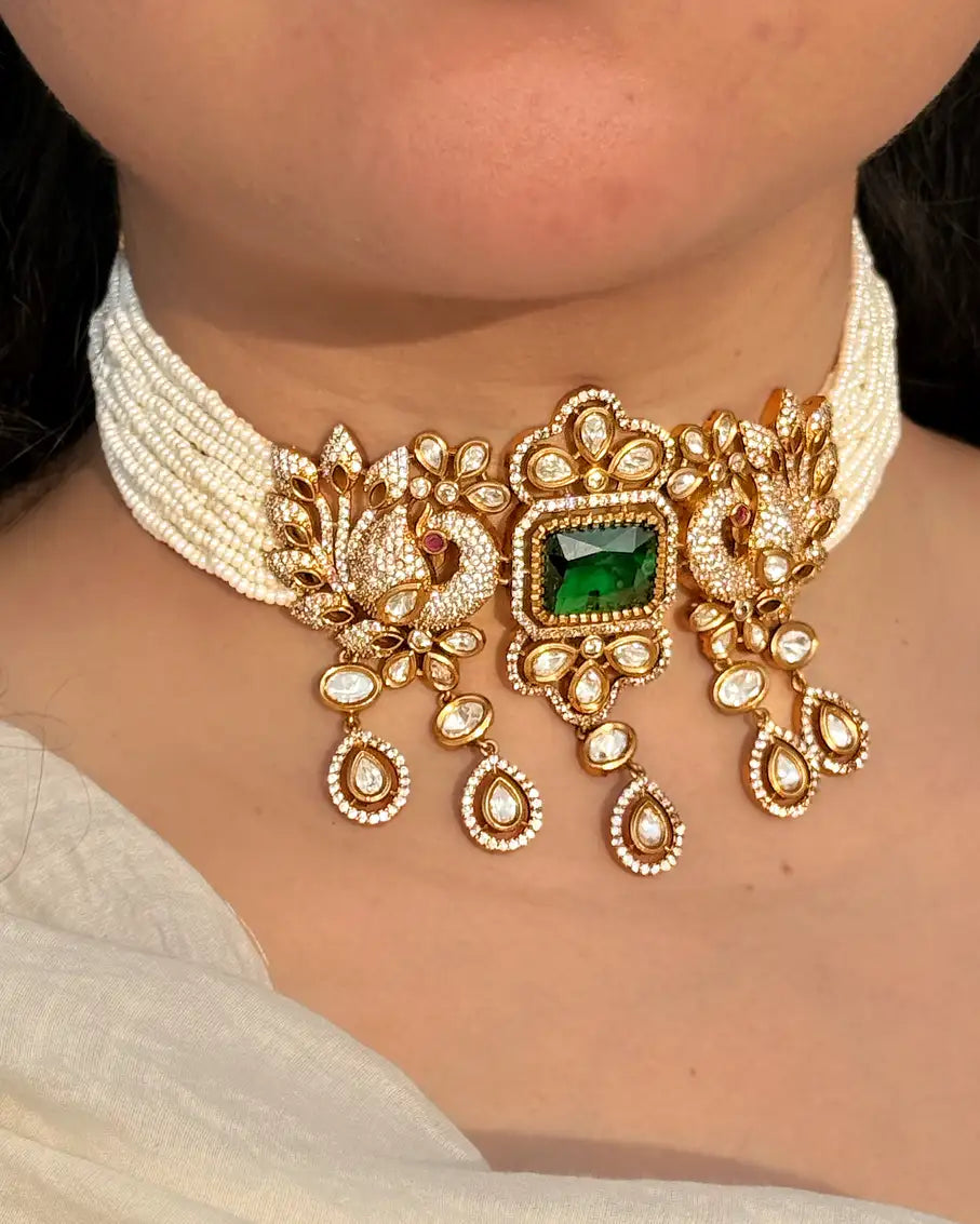 Imperial peacock Pearl, Moissanite & Emerald Peacock Choker