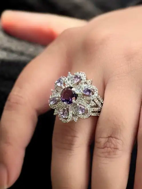 Adjustable purple stone ring with American diamond
