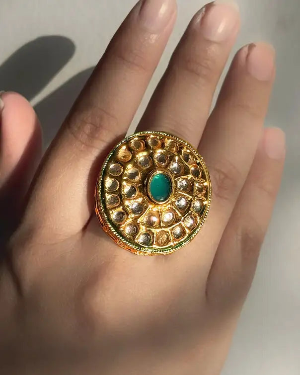 Kundan Rajasthani adjustable ring with gold and green stone
