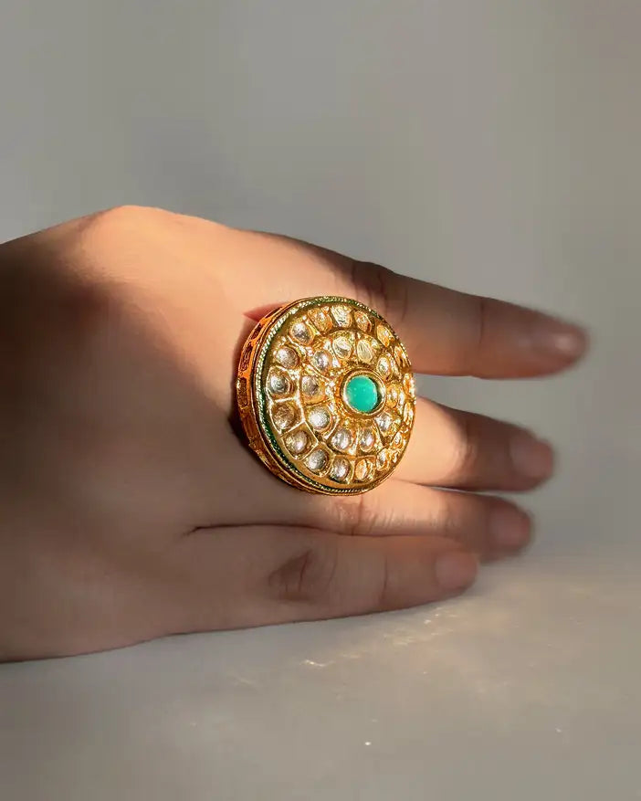 Kundan Rajasthani adjustable ring with gold and green stone