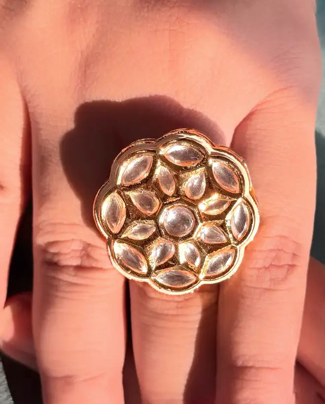 Adjustable floral-patterned Kundan cocktail ring